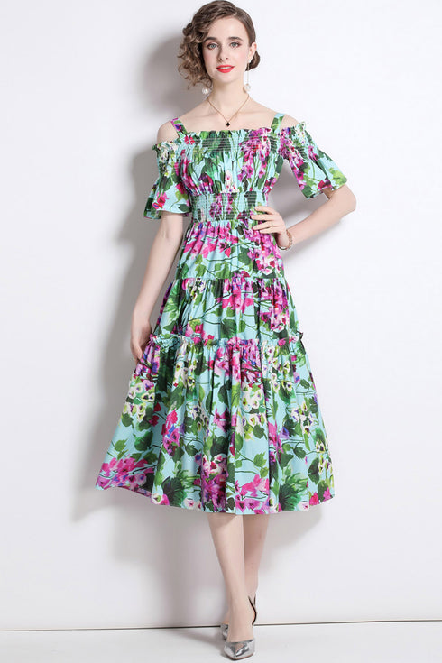 Runway Fashion Alluring Green Bellflower Print, Slash Neck, Elastic Waist, Ruffled Cocktail, Party Midi Dress